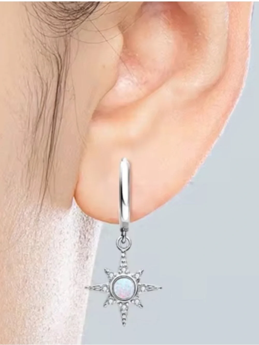925 Silver Starburst Opal Drop Hoop Earrings